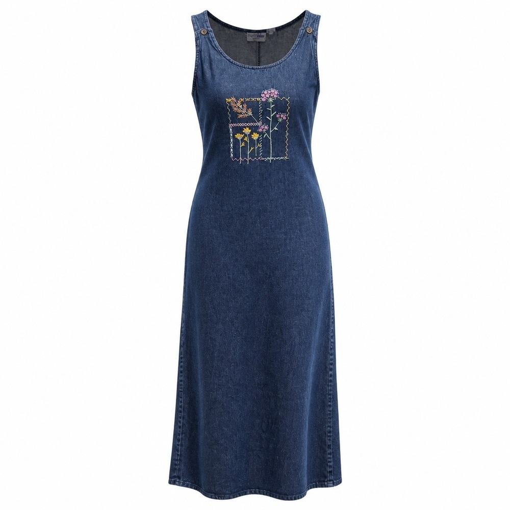 Comfort Corner Denim Jumper Dress Womens Large Blue Excellent Floral Embroidered